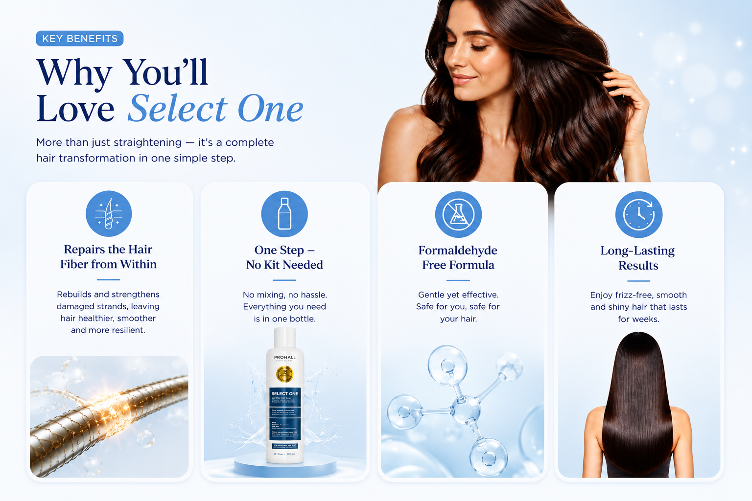 Why you'll love Select One — repairs the hair fiber from within; one step, no kit needed; formaldehyde-free formula; long-lasting results.