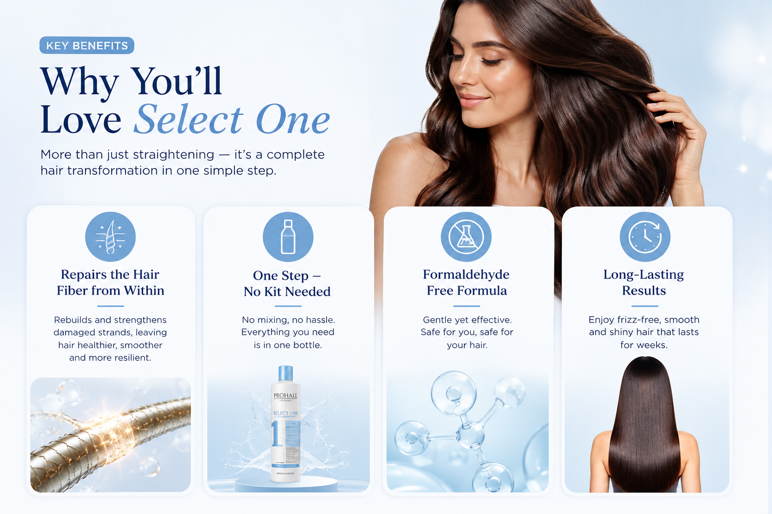Why you'll love Select One — repairs the hair fiber from within; one step, no kit needed; formaldehyde-free formula; long-lasting results.